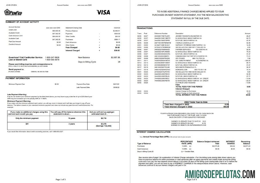 Exemplo de extrato bancário de 3 páginas da União de Crédito Federal do Pentágono dos EUA (PenFed)